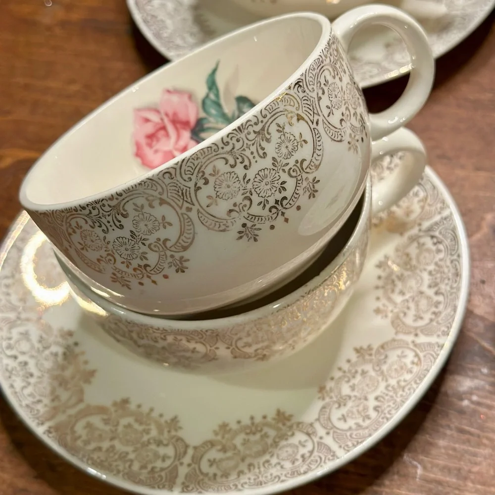 4 Liberty Gold Cup and Saucer Sets by Iva Lure Delmar Rose Crooksville USA